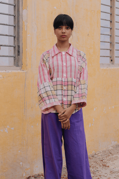 shirt cotton  Front opening checks patchwork handwoven sustainable brand