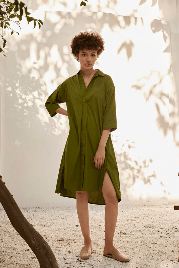 shirtdress olive green sustainable brand embroidered slit