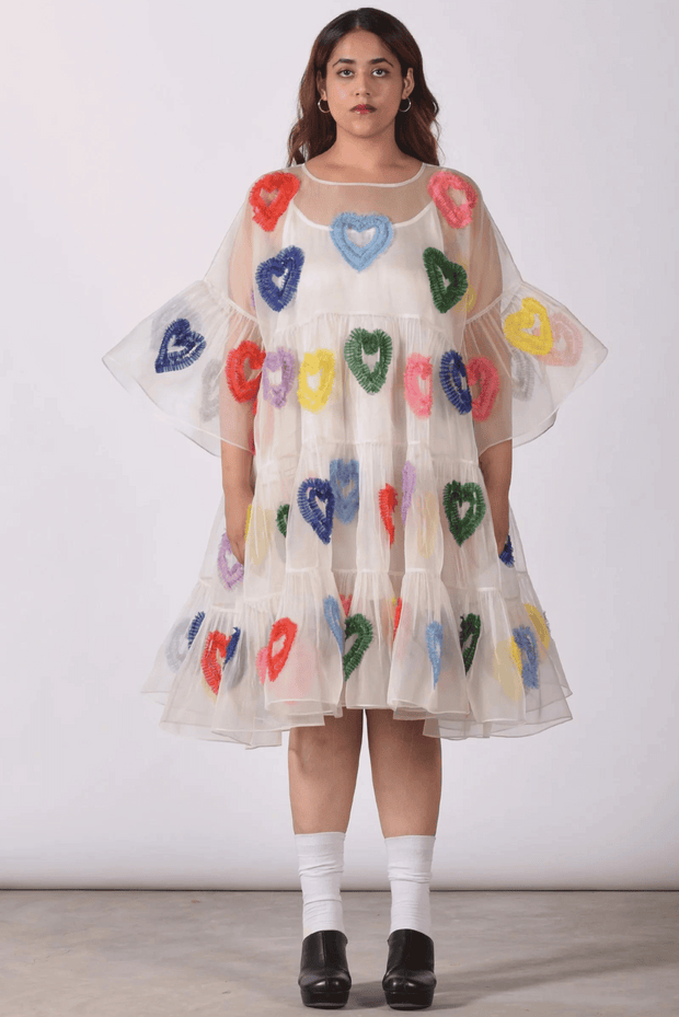  flared tier dress heart embroidery free size organza  pop colors 