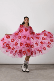  red pink flared tier dress heart embroidery free size organza  pop colors 