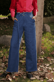 handwoven denim wide leg trousers casual comfortable fashionable women's clothing craftsmanship denim blue classic sustainable breathable timeless