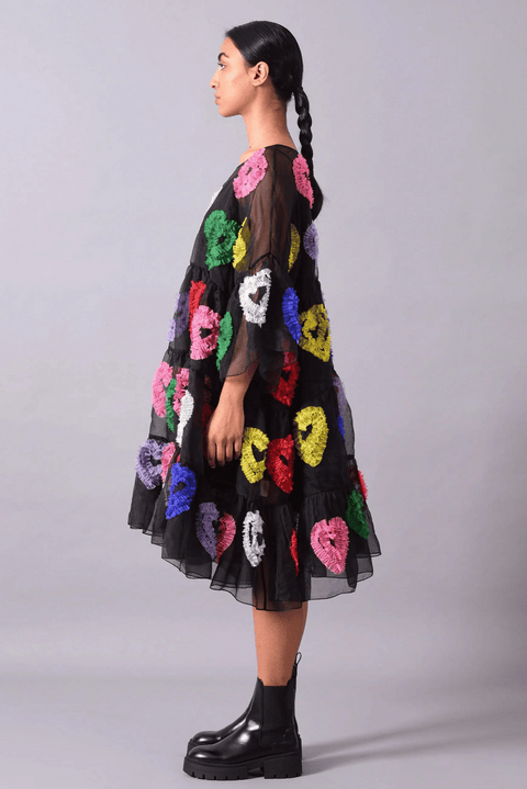  flared tier dress heart embroidery free size organza  pop colors  black heart