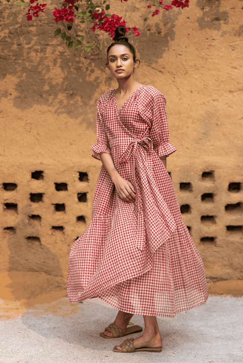 Red gingham online wrap dress