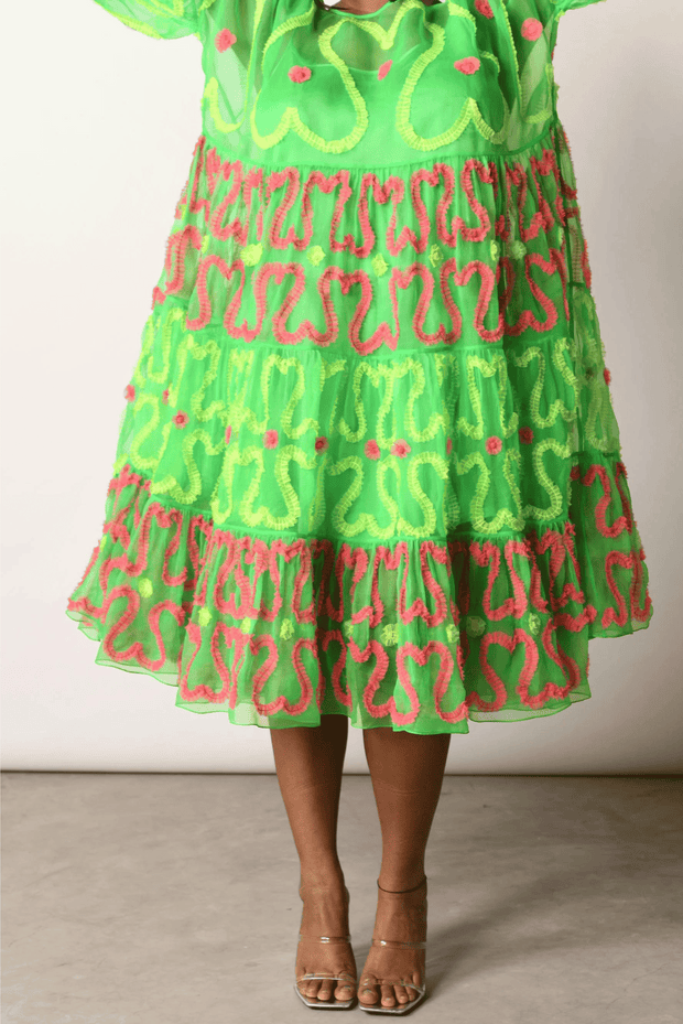 Chain Hearts Tiered Dress - Fluorescent Green