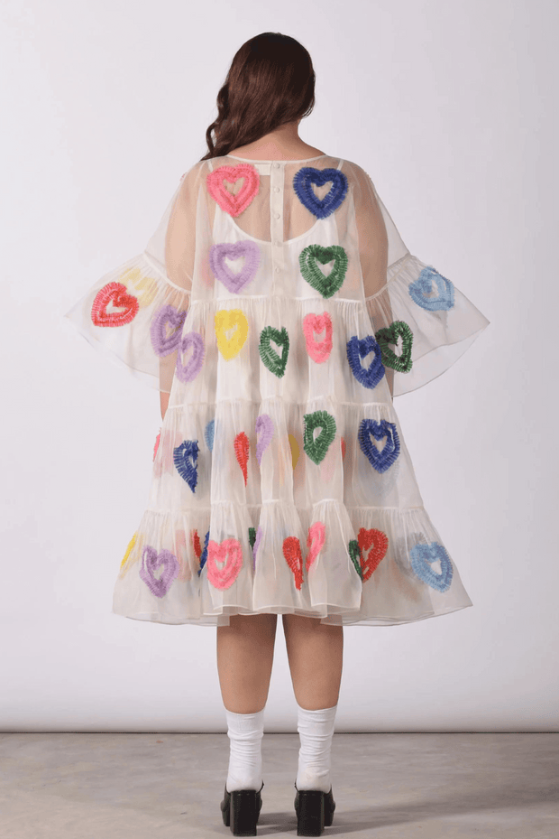 flared tier dress heart embroidery free size organza  pop colors 