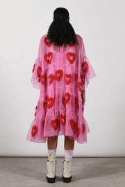  red pink flared tier dress heart embroidery free size organza  pop colors  