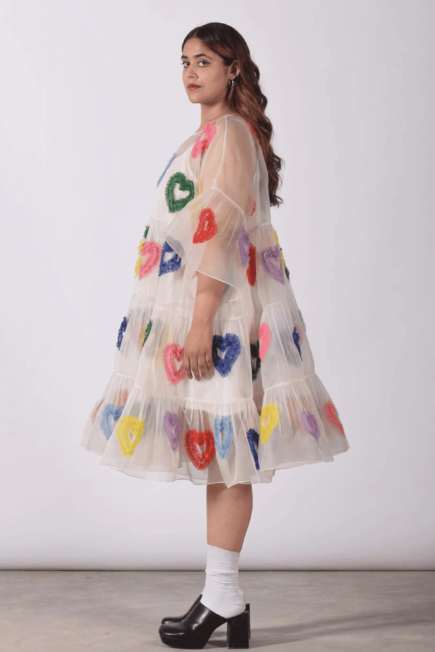 flared tier dress heart embroidery free size organza  pop colors 