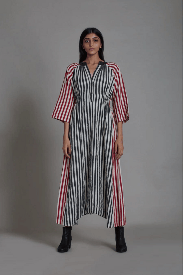 breathable comfortable travel wear hand-block printed striped jumpsuit side pockets