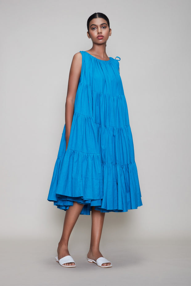 Kaya Tiered Dress in Blue - L (UK 12)