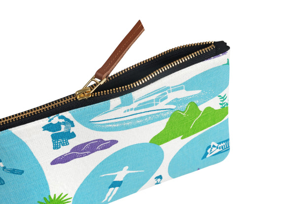 Side of hand screen printed Resort Life Clutch Pouch / travel pouch / make up bag in 100% cotton