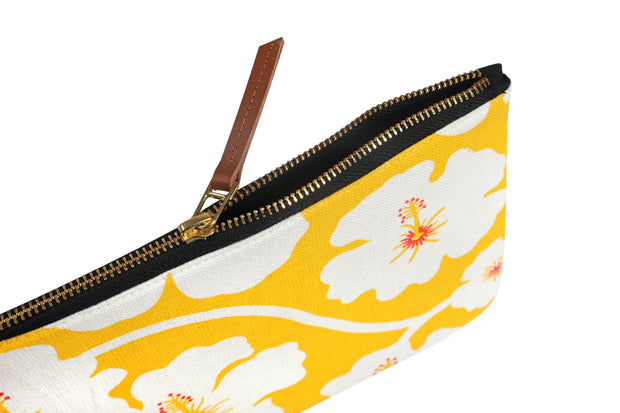 Side of hand screen printed Yellow Weaver Clutch Pouch / make up bag / travel pouch in 100% cotton