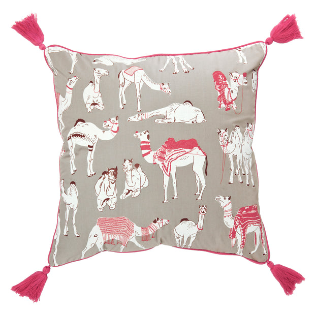 Hand screen printed Different Camels Cushion Cover made of 100% cotton poplin with tassels