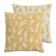 Front and back of Pale Gold Woven Peace Hands Cushion Cover in 100% cotton