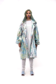 Front of unisex shimmy shimma trench in lurex