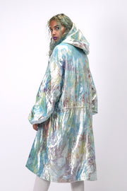 Back-side of unisex shimmy shimma trench in lurex
