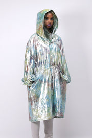 Close up of unisex shimmy shimma trench in lurex (hood up)