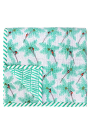 Hand screen and hand quilted printed Mint Coconut Palm Pickers Double Quilt in cotton