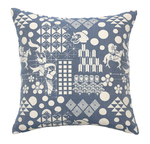 Front of Blue Festival Woven Cushion Cover made from 100% cotton