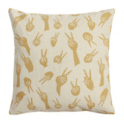 Back of Pale Gold Woven Peace Hands Cushion Cover in 100% cotton