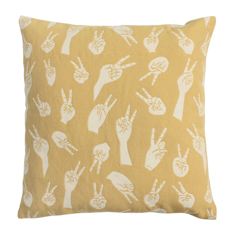 Front of Pale Gold Woven Peace Hands Cushion Cover in 100% cotton