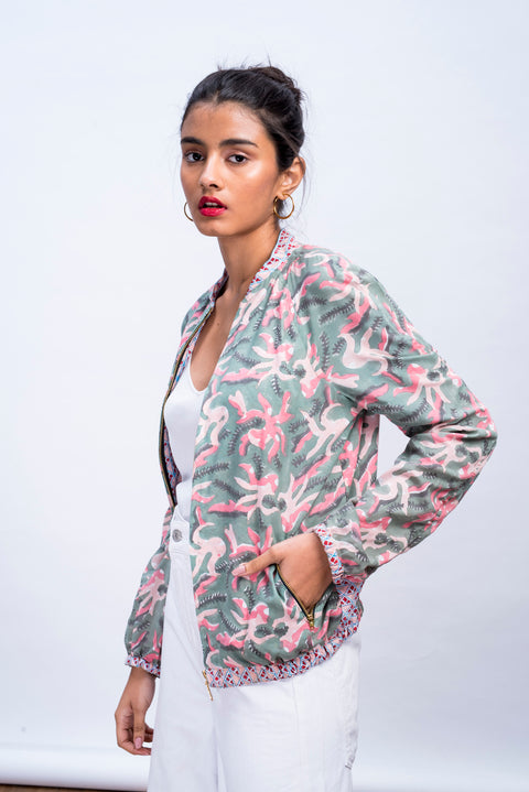 Side of womens muted octopus bomber jacket in 100% cotton