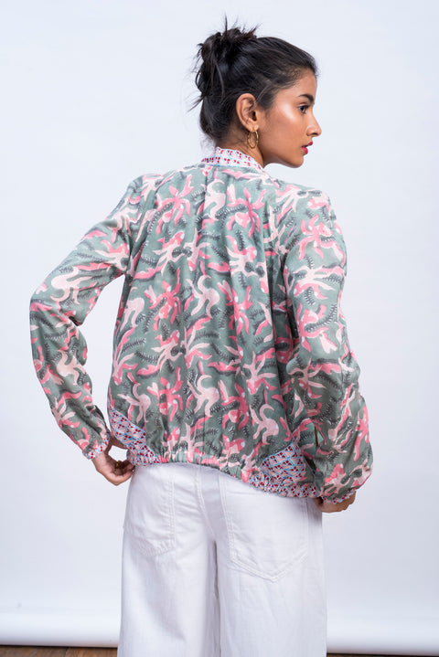 Back of womens muted octopus bomber jacket in 100% cotton
