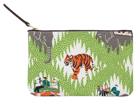 Hand screen printed Tiger Safari Clutch Pouch / make up bag / travel pouch in 100% cotton