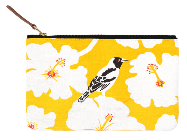 Hand screen printed Yellow Weaver Clutch Pouch / make up bag / travel pouch in 100% cotton